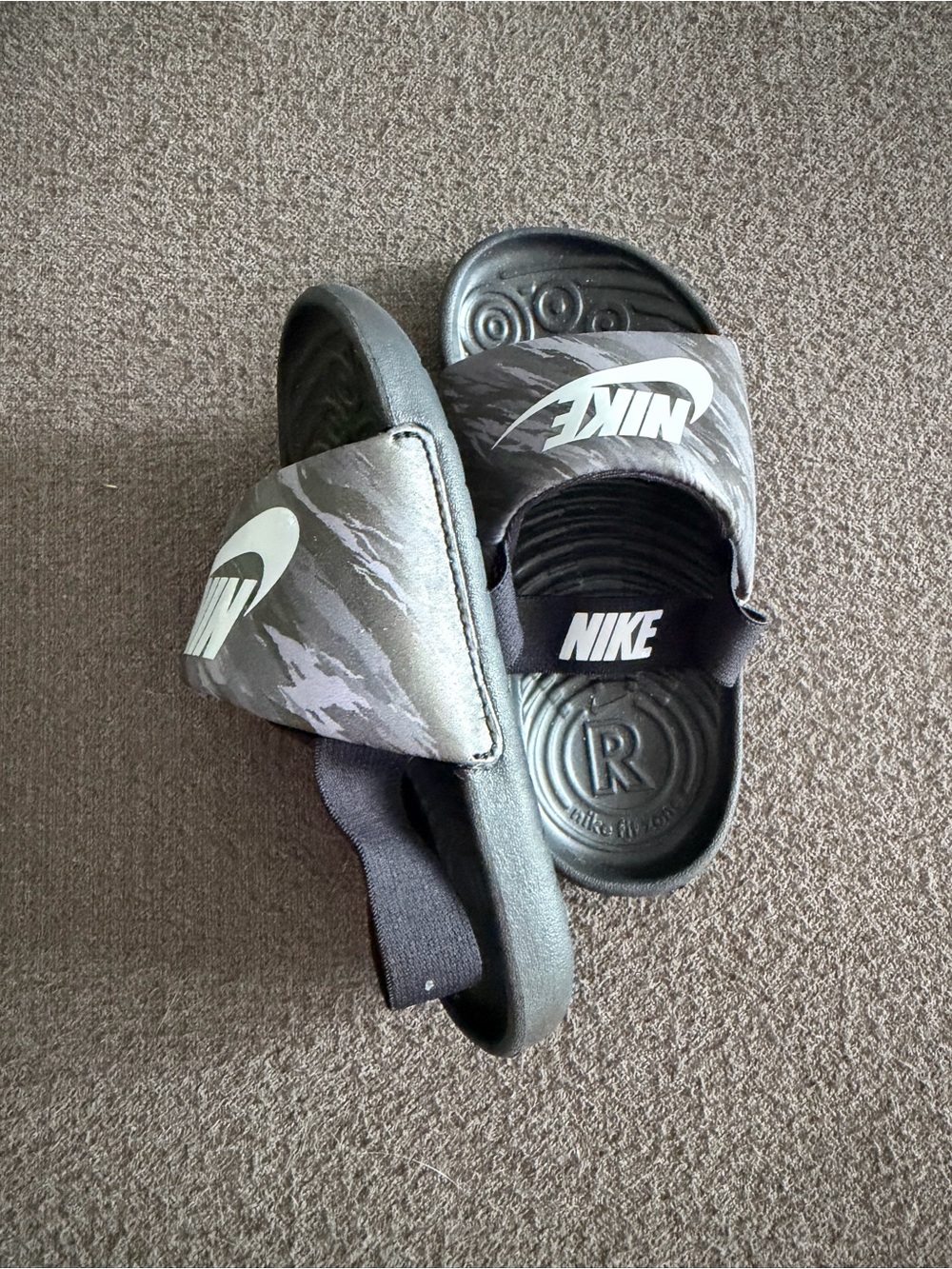 Nike Kids Black and Gray Camo Adjustable Slide Sandals